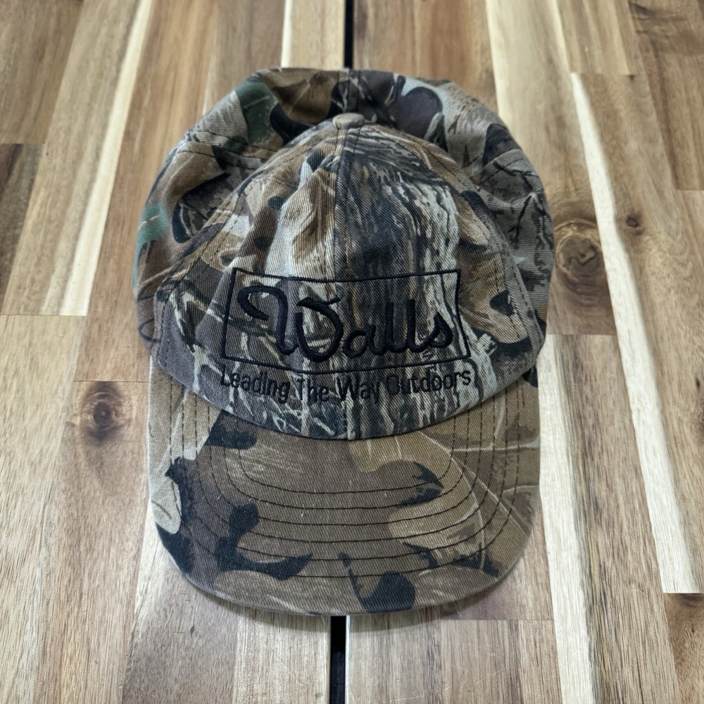Vintage Walls Hat Mens Strapback Camo Leather Strap Hunting Outdoor USA 90s